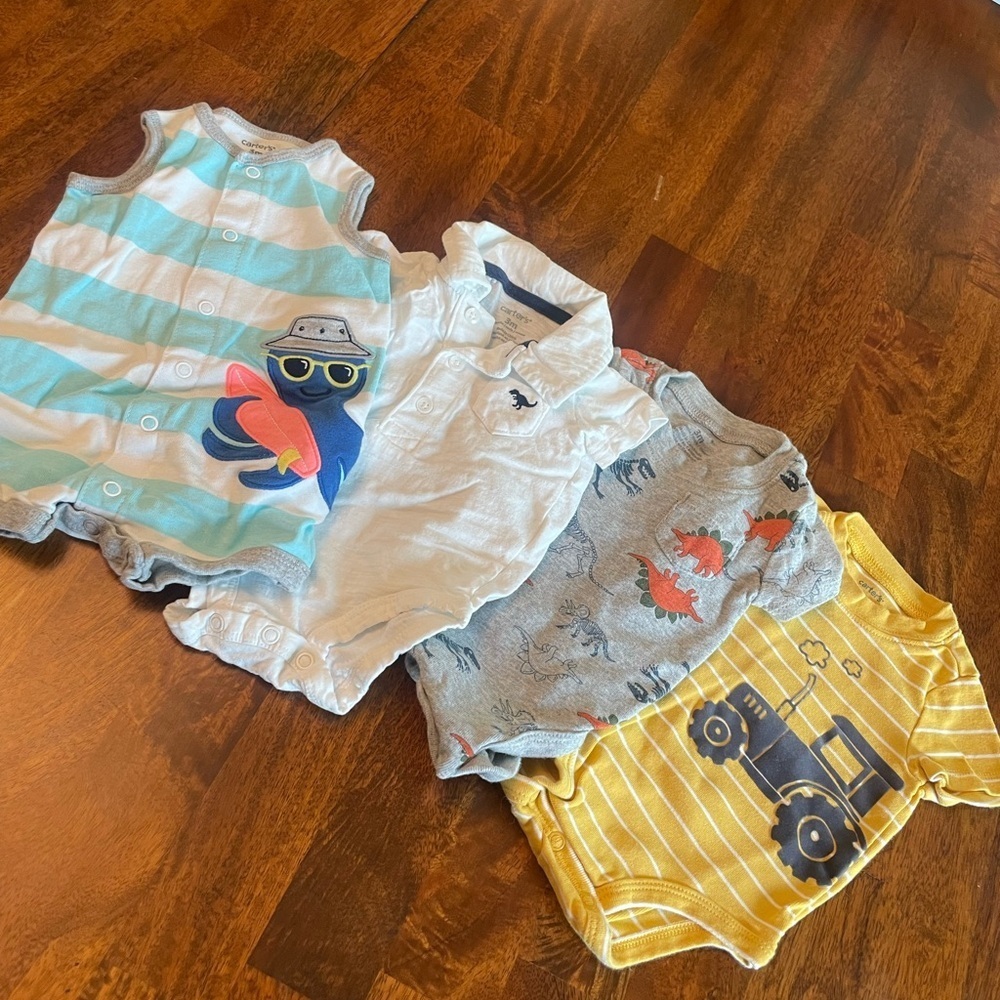Bundle of 4 3 month baby onesie one pieces stripes trucks blue yellow white